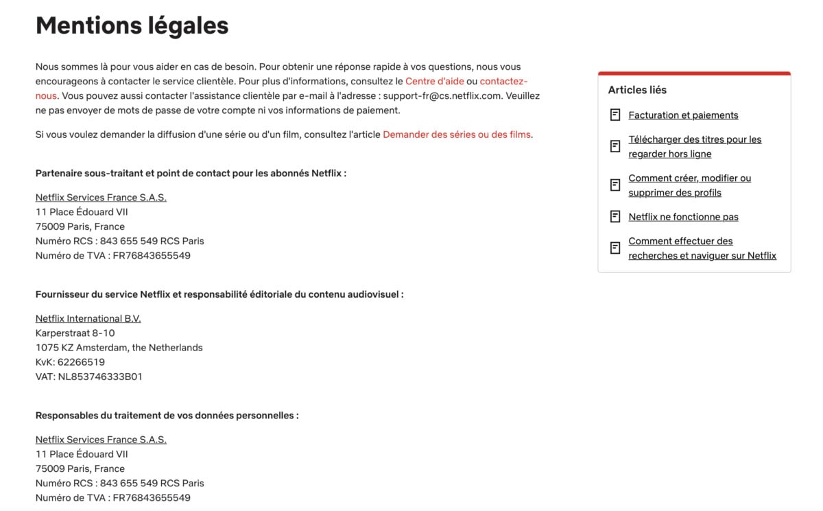 Mentions légales de Netflix France