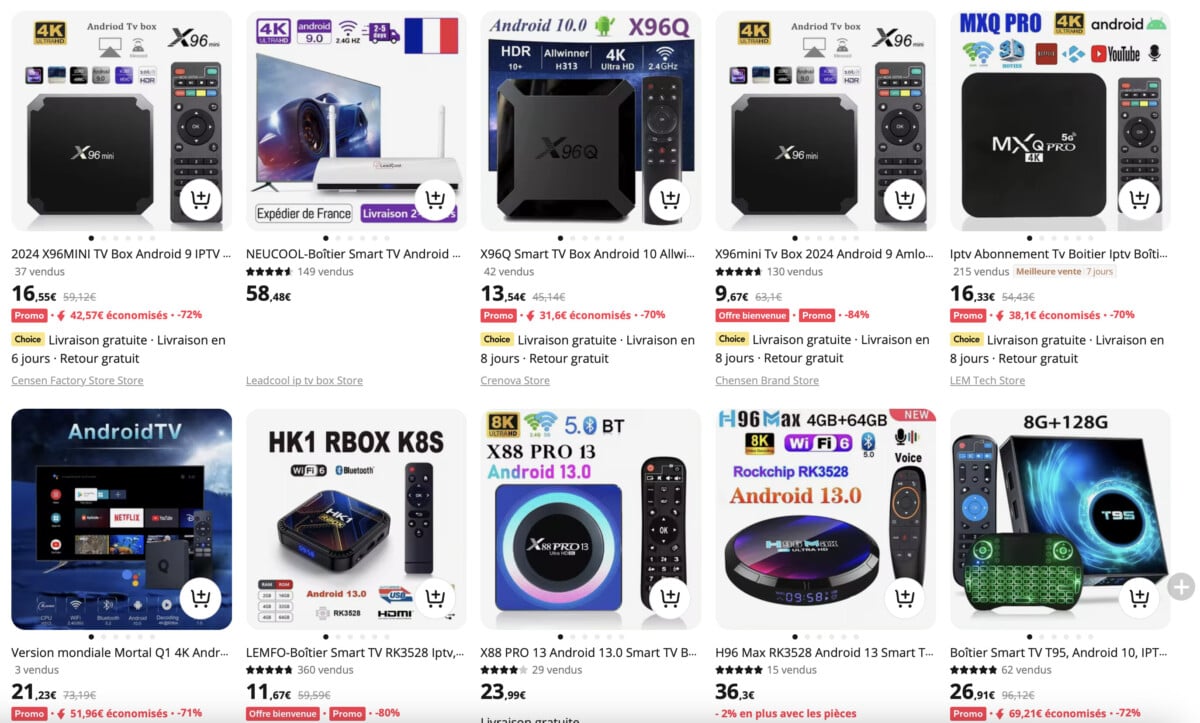 Boîtiers IPTV vendus sur un site de e-commerce