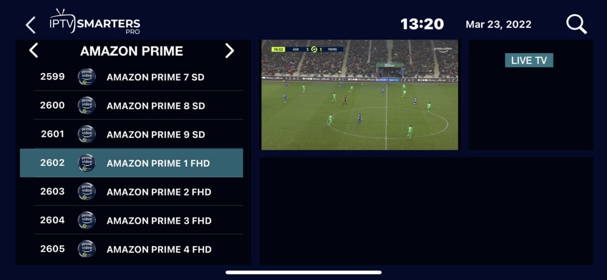 Interface IPTV donnant accès aux matchs